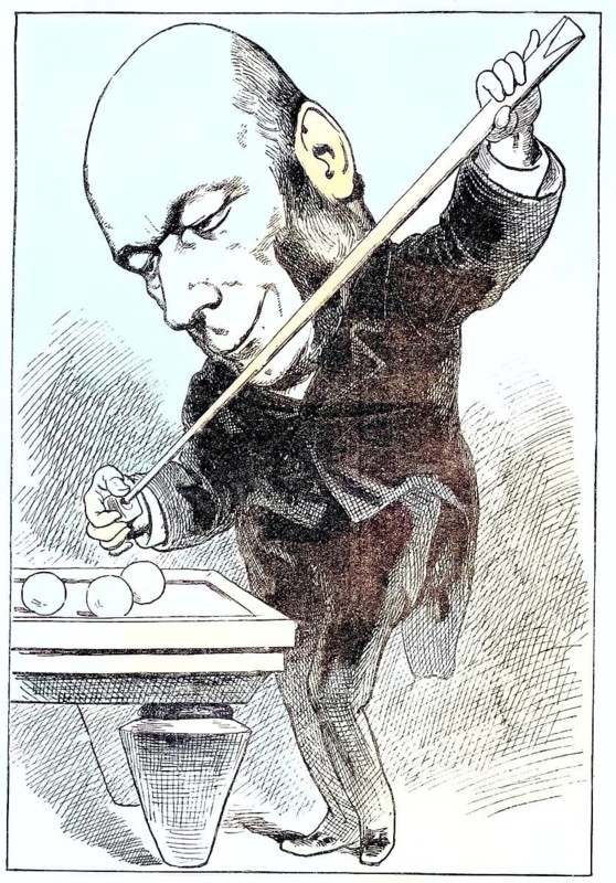 A lithograph entitled *M. Grevy Intime*, which caricatures the French politician Jules Grevy playing billiards. Jules Grevy (1807–1891), who served as President of the French Republic from 1879 to 1887, reproduction of a 19th-century original. Authentic, file restored for optimal use, exact date of the original unknown, nostalgically coloured