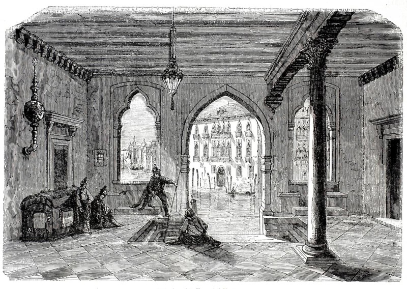 Atrium of Palazzo Foscari in Venice with Gothic architectural elements and figures in the foreground, around 1880, Italy, illustration, reproduction from a 19th century model. Authentic, file restored for optimal use, exact date of submission unknown, historical
