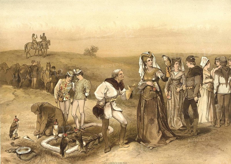 Jacoba of Bavaria during a falcon hunt. The Countess holds a hunting falcon on her gloved hand. It is surrounded by elegant ladies and gentlemen in typical medieval garments. Hunting, falconry in the late Middle Ages, around 1420, school painting, illustration, reproduction from a model from the 19th century. School picture, mural, authentic, file restored for optimal use, exact date of original unknown, historical