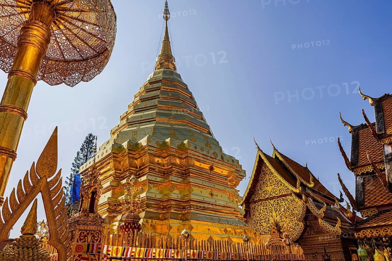 Gilded Chedi temple tower, stupa and gilded canopy, Wat Phra That Doi Suthep temple complex, Chiang Mai, Thailand