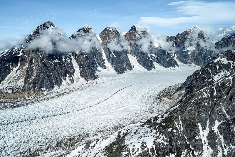 Mount Church, Mount Grosvenor, Mount Johnson Mount Wales and Mount Bradley in front of Ruth Glacier, Alaska Range glaciers and mountains, Alaska, USA