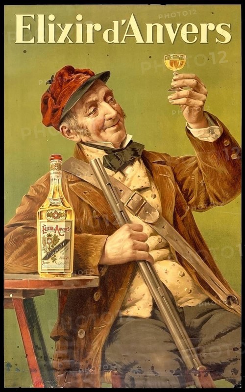 Advertising poster, beverage advertisement, advertising poster for Elixir d'Anvers, designed by the Belgian artist Gerard Portielje around 1906. The picture shows a hunter sitting relaxed at a table, holding a bottle of liquor next to him and raising a glass of the drink against the light, authentic reproduction of a historical advertising poster, advertising sign, in high resolution