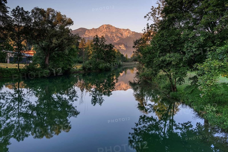 River, water, trees, sun, reflection, morning light, mountains, summer, Loisach, Kochel, Herzogstand behind, Bavarian Alps, Alpine foothills, Bavaria, Germany