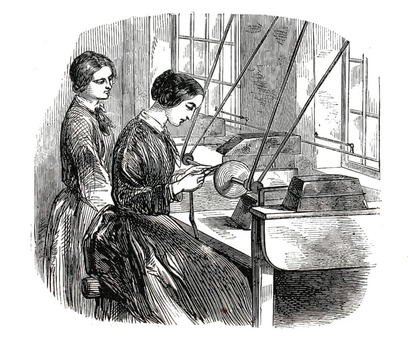Illustration from 1859 shows woman making pens on an industrial scale. The work steps include grinding the spring tips on a whetstone driven by a belt system, authentic, high-resolution reproduction from a 19th century original, exact date of presentation unknown, historical