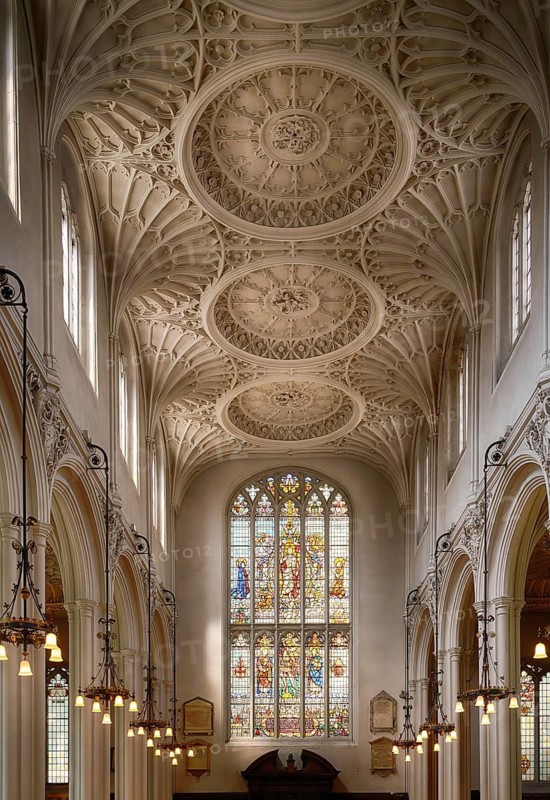 Interior view with church ceiling, stucco ceiling, stucco relief, St Mary Aldermary Church, City of London, London, England, Great Britain, Great Britain