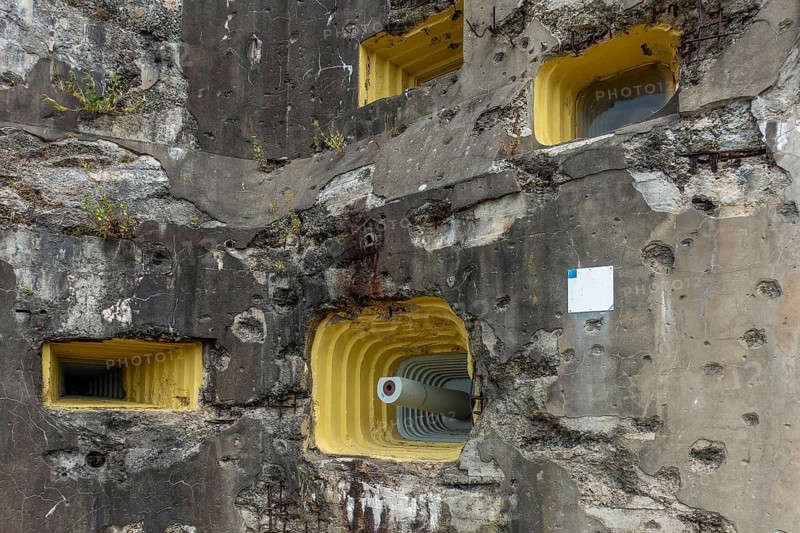 Battle-scarred entrance of Fort Eben-Emael, Belgian WW2 fortress neutralized by German paratroopers during the Second World War Two in Belgium