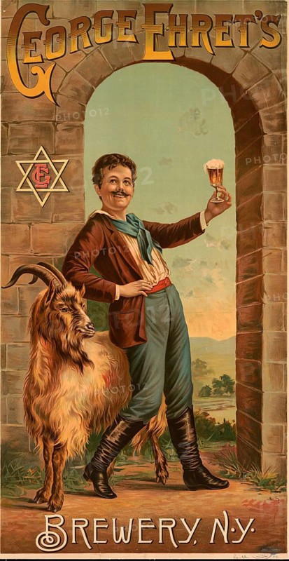 Advertising poster, beverage advertisement, bock beer poster from George Ehret's Brewery, N.Y., designed by Henry Jerome Stile in 1890. The hexagonal star shown in the stone arch on the left is the traditional brewer star symbol. It has served as a guild symbol in brewing since the Middle Ages and symbolized the elements important for brewing, such as fire, water and air as well as the ingredients water, malt and hops. The presence of the goat is the classic symbol of bock beer, authentic reproduction of a historical advertising poster, advertising sign, in high resolution