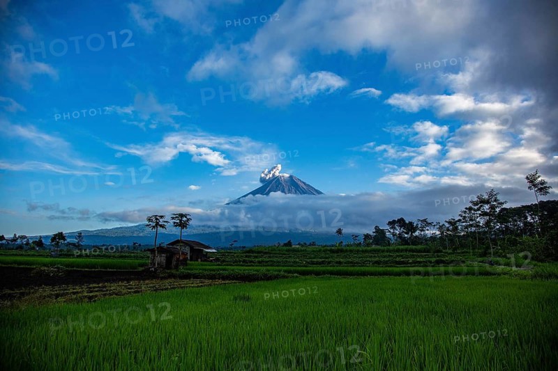 The volcano rises above green rice paddies and clouds, under a slightly cloudy blue sky, Smoking Volcano, Sumatra, Jakarta, Indonesia