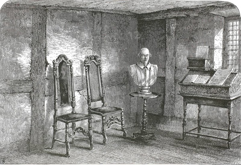 Historical engraving from 1876 showing the room where William Shakespeare was born. The room is located in Shakespeare's birthplace on Henley Street in Stratford-upon-Avon, England. The scene shows a bust of Shakespeare sitting on a small table next to two wooden chairs and a desk with manuscripts. The walls were formerly covered with graffiti from visitors, including celebrities such as Sir Walter Scott, authentic, high-resolution reproduction from a 19th-century original, exact date of depiction unknown, historical