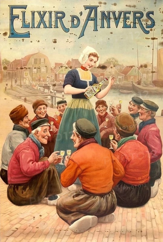 Advertising poster, beverage advertisement, advertisement for Elixir d'Anvers, a world-famous, traditional herbal liqueur from Antwerp, Belgium. Young woman in traditional Flemish Dutch traditional costume pouring a glass of golden yellow liqueur to a group of fishermen in the harbor, authentic reproduction of a historical advertising poster, advertising sign, in high resolution