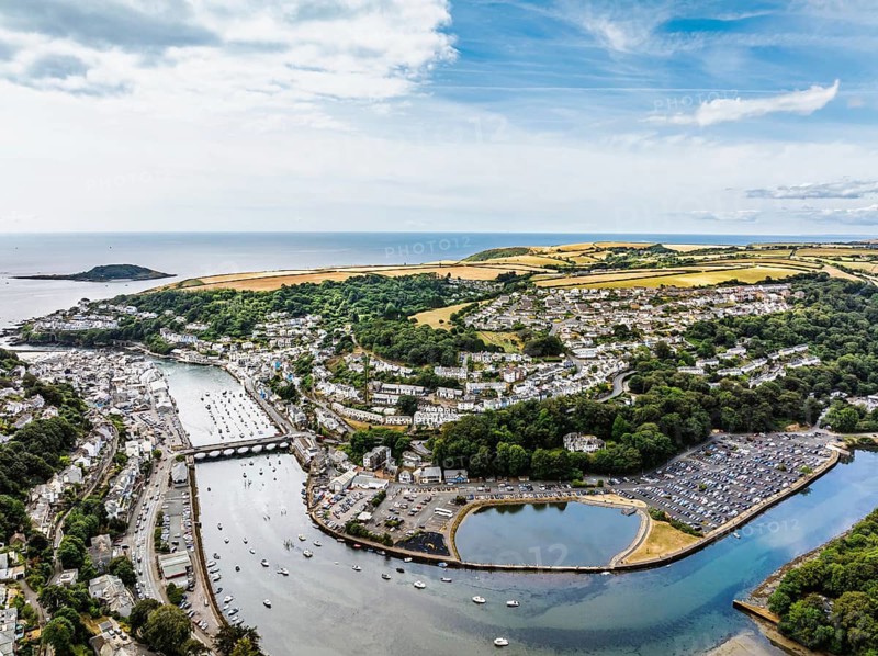 LOOE over River Looe from a drone, Cornwall, England, United Kingdom