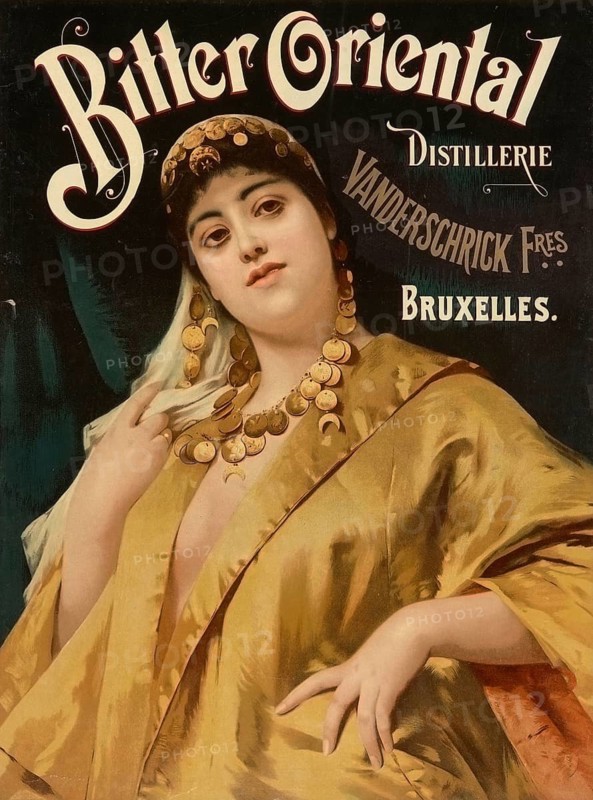 Advertising poster, beverage advertisement, advertising poster for Bitter Oriental from the Vanderschrick Freres Distillery in Brussels, which was created around 1885. It shows a stylized depiction of a woman with gold-colored headdress and coin chain, Belgium, authentic reproduction of a historical advertising poster, advertising sign, in high resolution