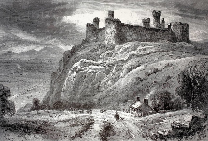Harlech Castle, a ruined castle in Gwynedd in Wales, example of European military architecture of the late 13th and early 14th century, illustration, reproduction from a 19th-century model. Authentic, file restored for optimal use, exact date of submission unknown, historical