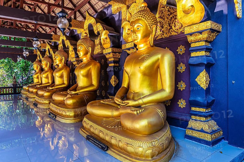 Seated, gilded Buddha statues in the Buddhist temple Wat Phra That Don Phra Chan, near Lampang, Lampang Province, Thailand