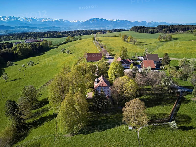 Horben viewpoint with castle and restaurant, snow-capped Alps and Mount Pilatus in the back, Beinwil, Freiamt, Aargau Canton, Switzerland