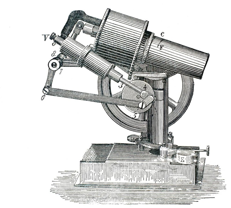 Historical scientific measuring instrument, a reflection goniometer, a Wollaston goniometer or a further development thereof, is used in science and crystallography to precisely measure surface angles on crystals, authentic, high-resolution reproduction from a 19th century original, exact date of presentation unknown, historical