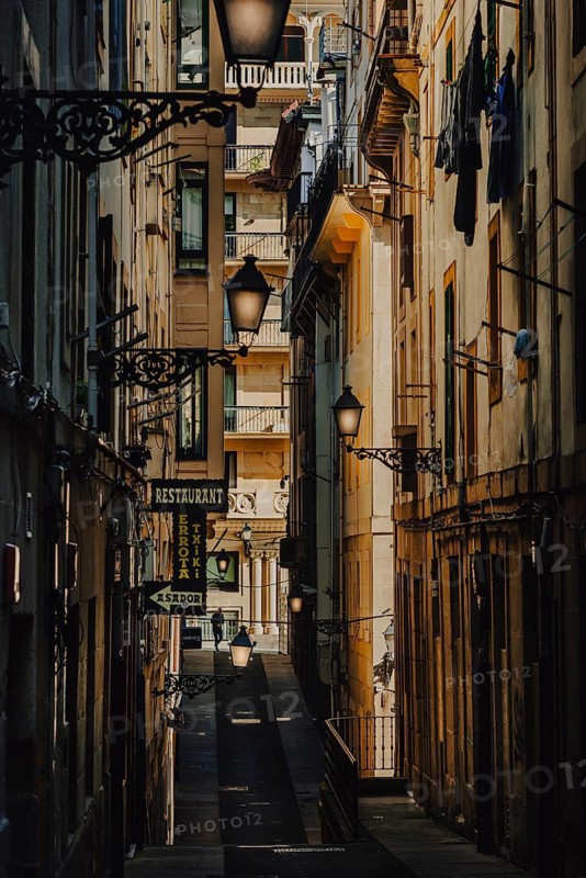 Narrow old town alleyway in San Sebastian, Basque Country, Spain
