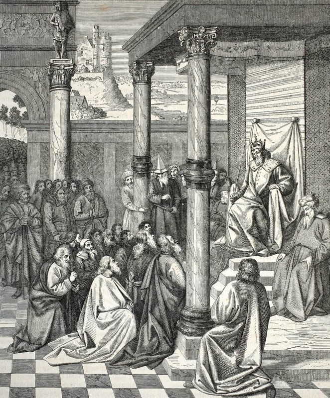 19th century copper engraving depicting the scene The Clemency of Cyrus. Picture depicts the Persian king Cyrus the Great sitting on his throne. A group of people kneel in front of him, presumably the Jews captured in Babylonian exile, to whom he gives freedom, authentic, high-resolution reproduction from a 19th-century model, exact date of presentation unknown, historical