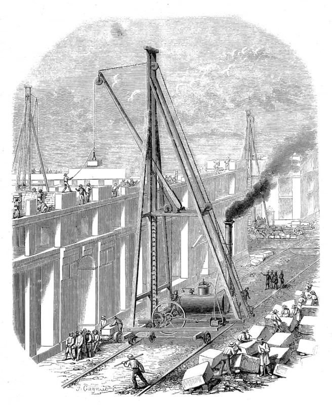 Mobile steam crane used to lift heavy stone blocks on a construction site in the 19th century. At the center is a mobile steam engine with a horizontal boiler and a distinctive chimney from which dark smoke rises, authentic, high-resolution reproduction of a model from the 19th century, exact date of presentation unknown, historical
