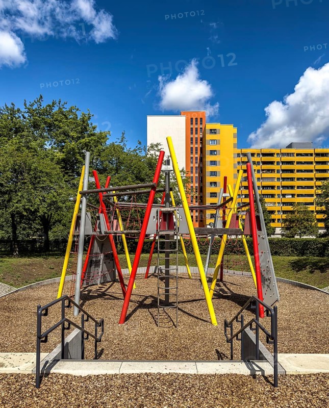 Playgrounds and skyscrapers in the Märkisches Viertel social housing development in the north of Berlin, MV, Germany