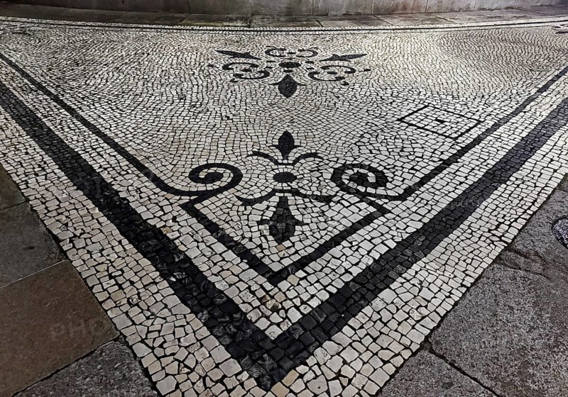 Black and white paving, Calçada Portugesa, traditional limestone and basalt mosaic paving, identity-creating cultural heritage, Porto, Portugal