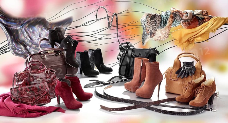 Window decoration, shoes and bags, department store, Munich, Bavaria, Germany