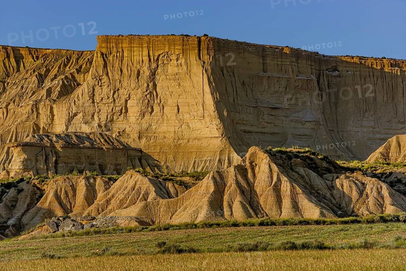 Bizarre rock formation in evening light in Bardenas Reales nature park Park, Navarra, Spain