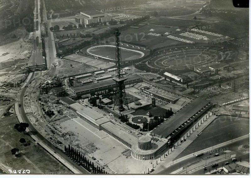 Berlin, exhibition halls, partly under construction, television tower, aerial view, background AVUS starting building, stadium, and Deutschlandhalle, buildings and roads visible, historical perspective, 1937
