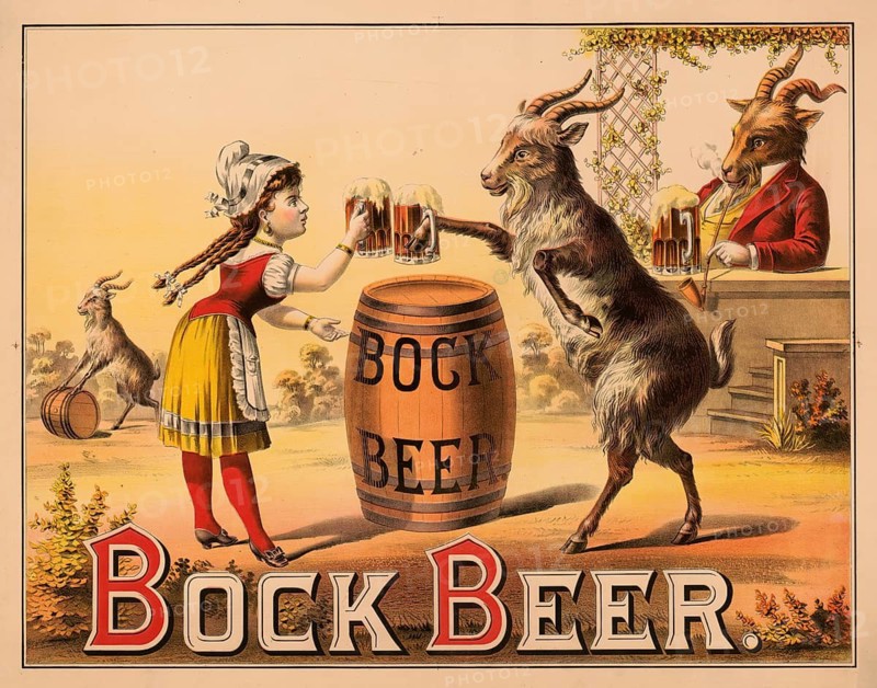 Advertising poster, beverage advertisement, advertising print from 1882, depicts a young woman celebrating bock beer with anthropomorphic goats. The scene is set outdoors, with a central bock beer keg with the text buck Beer on it, authentic reproduction of a historical advertising poster, advertising sign, in high resolution