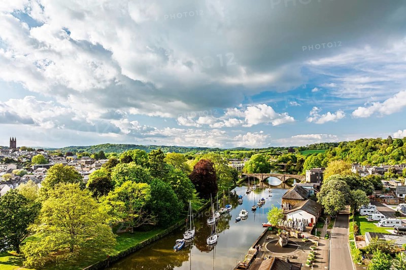 Totnes over River Dart from a drone, Devon, England, United Kingdom