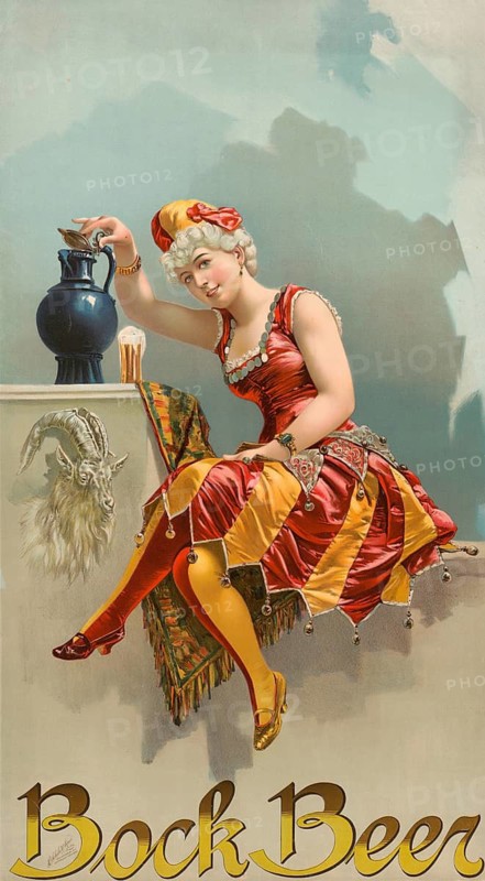 Advertising poster, beverage advertisement, buck Beer advertising poster from 1890, designed by Henry Jerome Schile, depicting a woman in a red and yellow striped carnival costume, authentic reproduction of a historical advertising poster, advertising sign, in high resolution