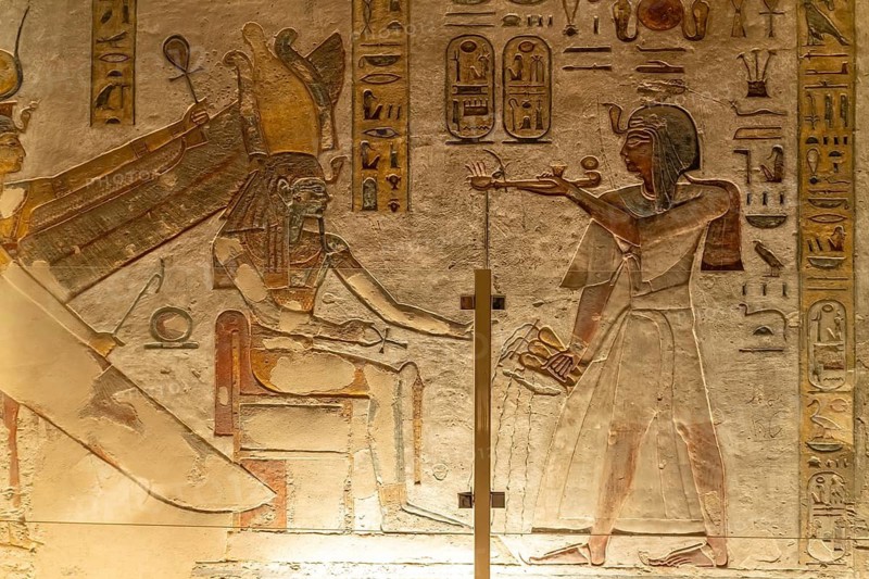 Reliefs in the ancient Egyptian tomb of Pharaoh Ramesses IV in the Valley of the Kings near Luxor, Egypt