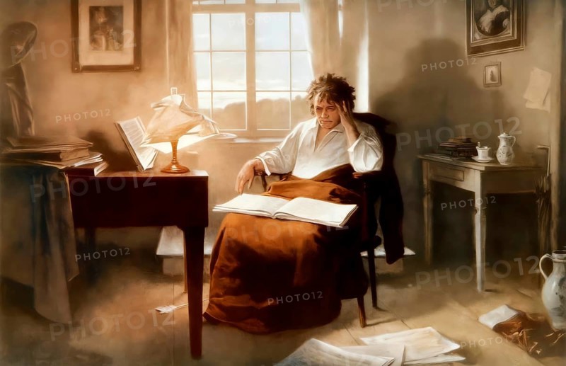 Ludwig van Beethoven, Beethoven composing in his study at dawn, digitally edited based on a historical illustration by Rudolf Eichstaedt, subsequently colored