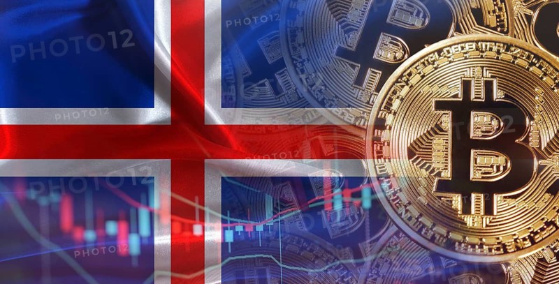 Bitcoin cryptocurrency with Icelandic flag. Investors in Blockchain Technology with Iceland flag background