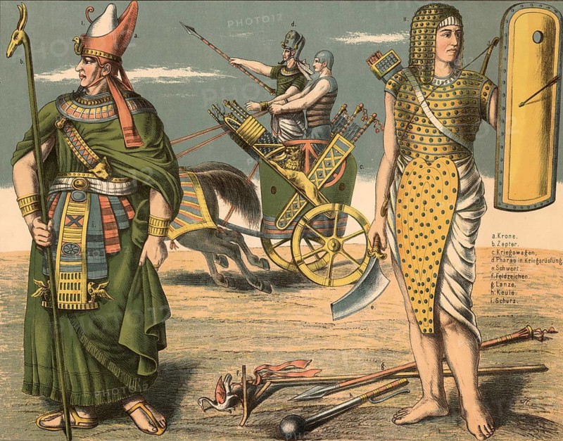 19th century educational board depicting the armor and weapons in ancient Egypt, pharaohs and warriors. The pharaoh wears the Pschent, the traditional double crown, and holds the Was Scepter in his hand. The soldier wears a scale-like armoured collar and a reinforced apron. In the background, classic two-wheeled Egyptian chariot pulled by horses, school picture, illustration, reproduction from a model from the 19th century. School picture, mural, authentic, file restored for optimal use, exact date of original unknown, historical