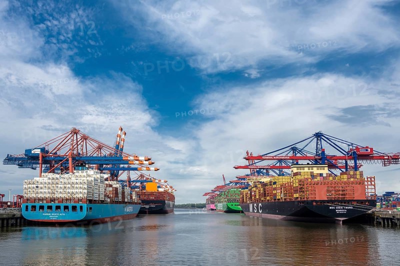 The large container ships MSC Gioia Tauro and Maersk Monte Alto at the berths of the Burchardkai and Eurogate container terminals in Hamburg-Waltershof during handling under container bridges, Hamburg, Germany