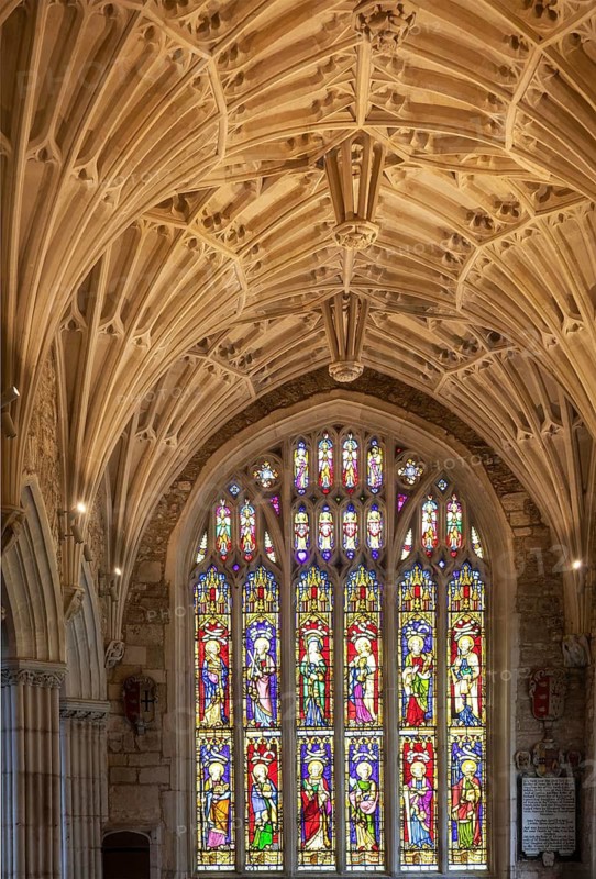 Fan-vaulted ceiling stained glass east window, The Dorset Aisle, Church of Saint Mary, Ottery St Mary, Devon, England, UK