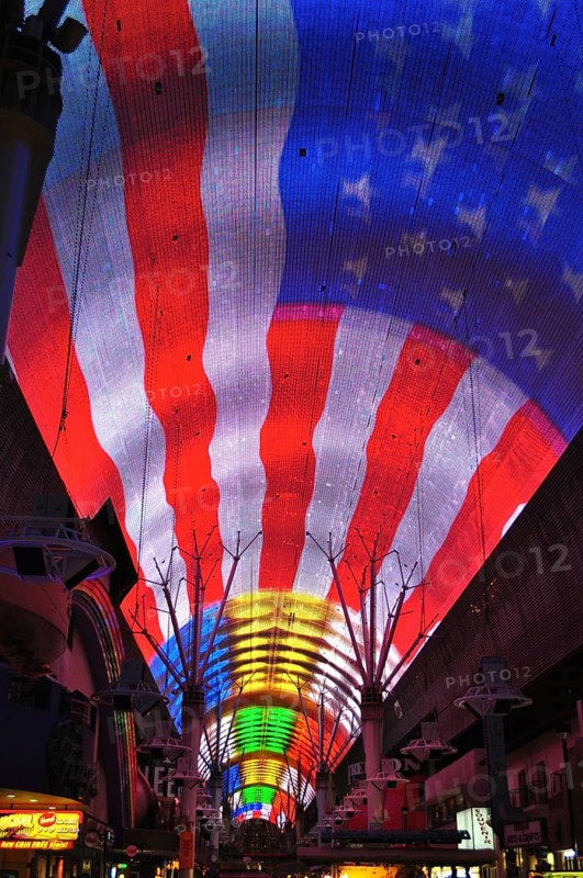Glowing dome roof depicting a large American flag in colorful stripes, Las Vegas, Nevada, USA