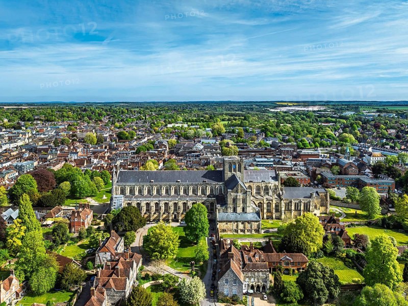 Winchester Cathedral from a drone, Winchester, Hampshire, England, United Kingdom