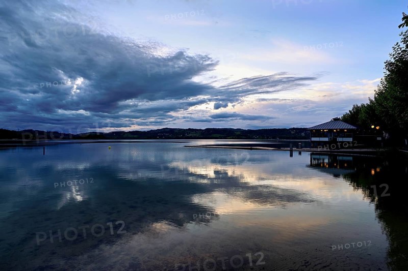 Cloud formation over Lac d'Aiguebelette, Large Natural Lake, at the foot of the Épine Mountains, Aiguebelette-le-Lac, Savoie Department, France