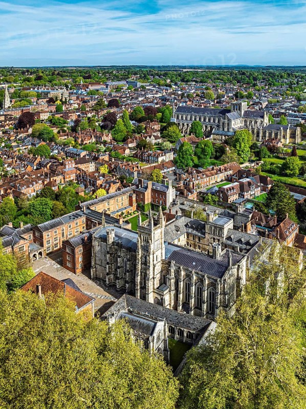 Winchester Cathedral from a drone, Winchester, Hampshire, England, United Kingdom