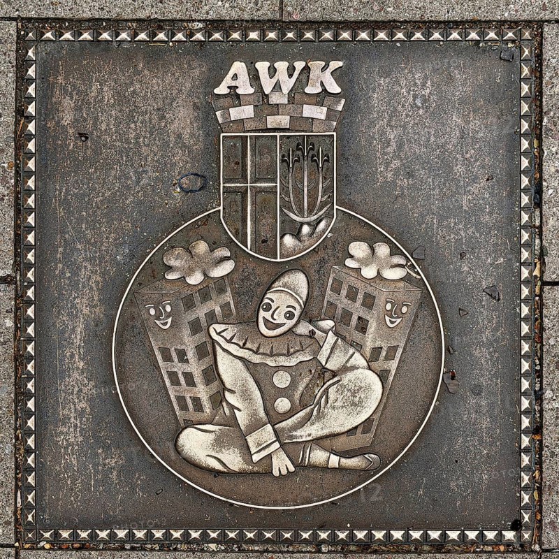 The bronze plates with the coats of arms of all Fulda carnival clubs are called Walk of Foaset, Bahnhofstraße pedestrian zone, bronze plate of Aschenberg skyscrapers, abbreviated AWK Fulda, Germany