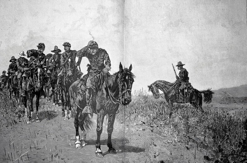 Brazilian horsemen on outposts, regiments of US cavalry deployed in the western USA after the American Civil War, by Albert Richter, 1888, illustration, reproduction from a 19th-century model. Authentic, file restored for optimal use, exact date of submission unknown, historical