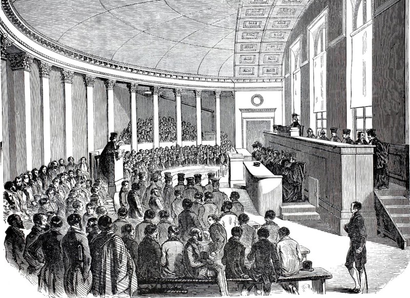 Exterior view of the École de Droit, Faculty of Law, in Paris, large lecture hall, 1847, France, illustration, reproduction from a model from the 19th century. Authentic, file restored for optimal use, exact date of submission unknown, historical