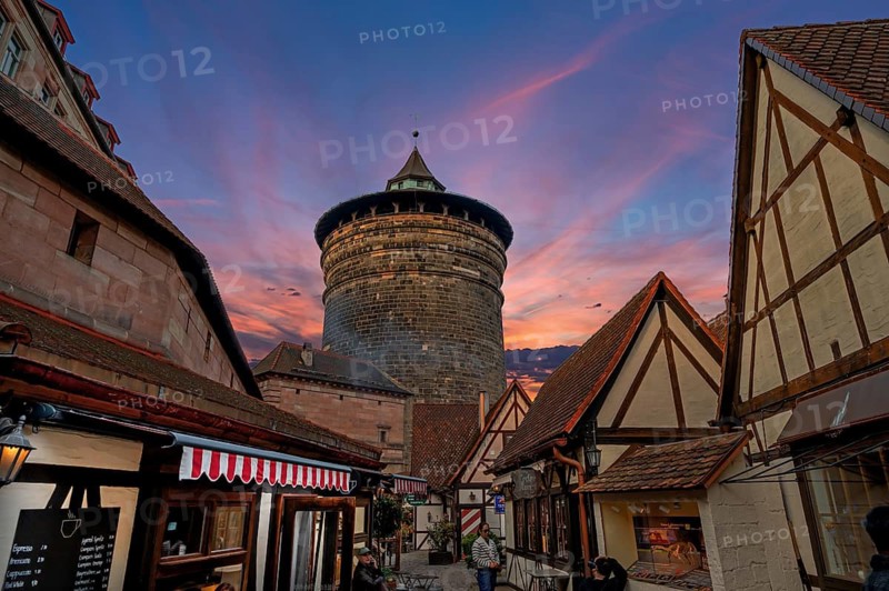 Handwerkerhof and historic Frauenturm with evening sky, Nuremberg, Middle Franconia, Bavaria, Germany