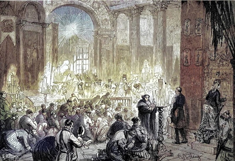 Prayer scene in the Kazan Cathedral in Saint Petersburg, Russia. The depiction shows praying crowds and clerics during a service, possibly prayers for the army in the 19th century, 1877, illustration, reproduction from a model from the 19th century. Authentic, file restored for optimal use, exact date of original unknown, historical, colored