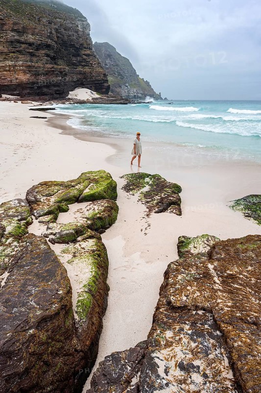 Young tourist on Diaz Beach, sandy beach at the Cape of Good Hope, Eastern Cape, South Africa