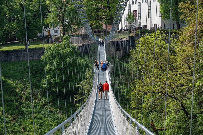 The Neckarline, a pedestrian suspension bridge up to 60 meters high with a wingspan of 606 meters above the Neckar Valley. The tourist attraction, built from a total of 444 tons of steel, serves to connect the historic old town and Bernese Field, where the 246 meter high TK Elevator test tower with the highest viewing platform in Germany is located. The Neckarline is the longest suspension bridge in southern Germany, Rottweil, Rottweil district, Baden-Württemberg, Germany
