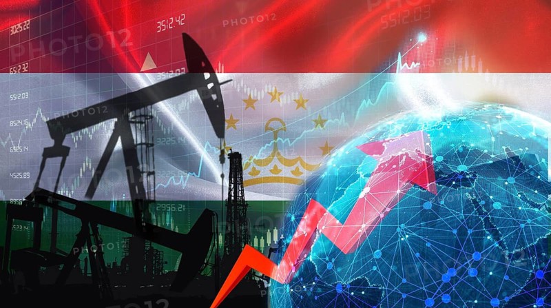 Oil production with Tajikistan flag, petrol industry. Oil pumps with Tajik flag