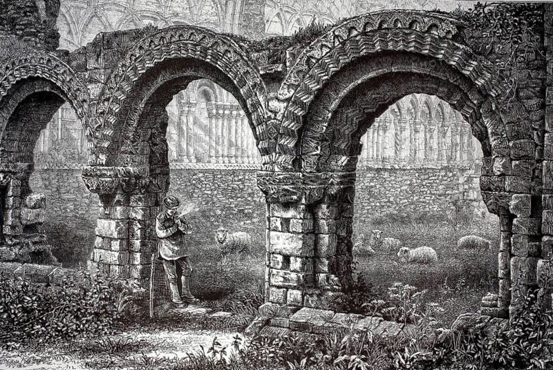 Wenlock Priory chapter house, or St. Milburga's Priory, a 12th century monastery ruin in Much Wenlock, Shropshire, England, illustration, reproduction from a 19th-century model. Authentic, file restored for optimal use, exact date of submission unknown, historical